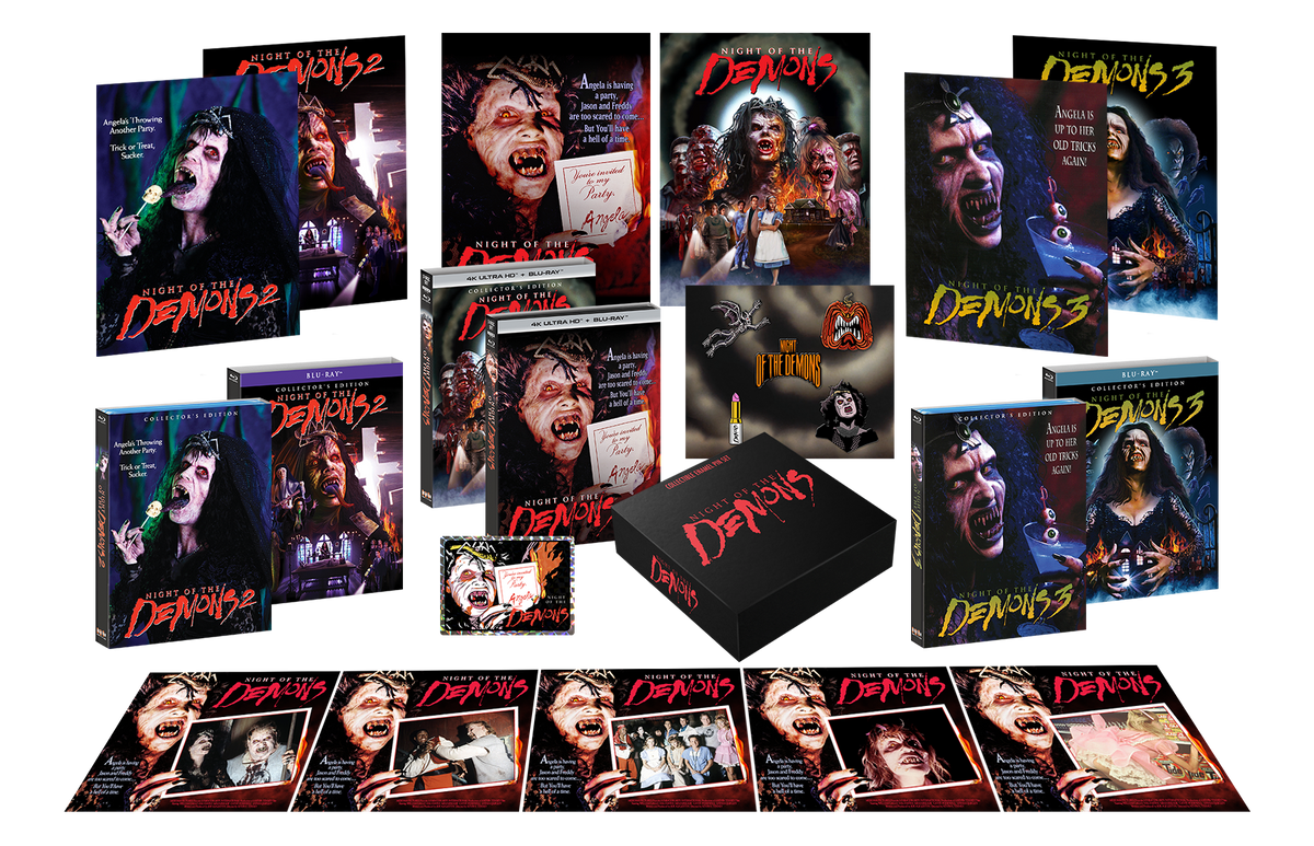 Night Of The Demons 1-3 + 6 Posters + 3 Slipcovers + Prism Sticker + Enamel  Pin Set + Lobby Cards