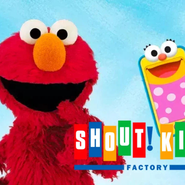 Shout Factory kids logo with Sesame street featuring elmos world and elmo and other character in the background for desktop banner image