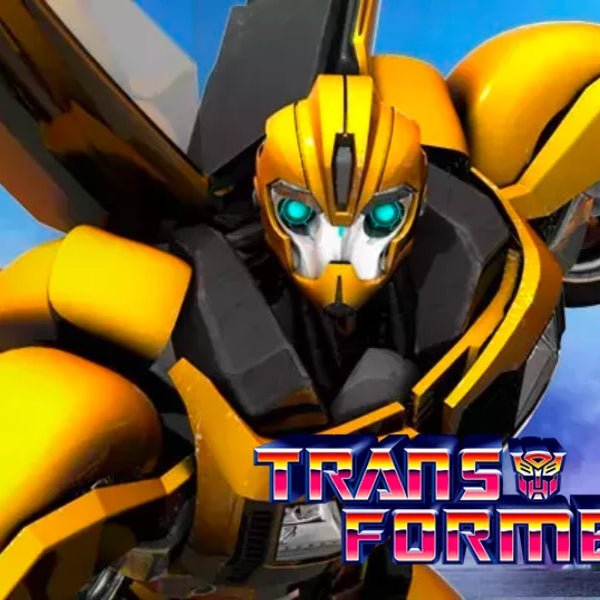Transformers logo for desktop banner image with bumblebee in the background for shout factory website